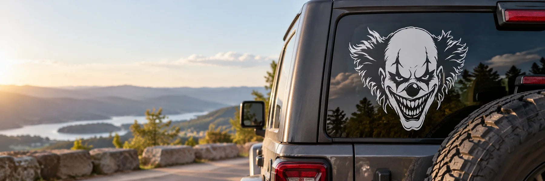 Illustrative Scary Clowns vinyl application in a realistic panoramic lifestyle scene.