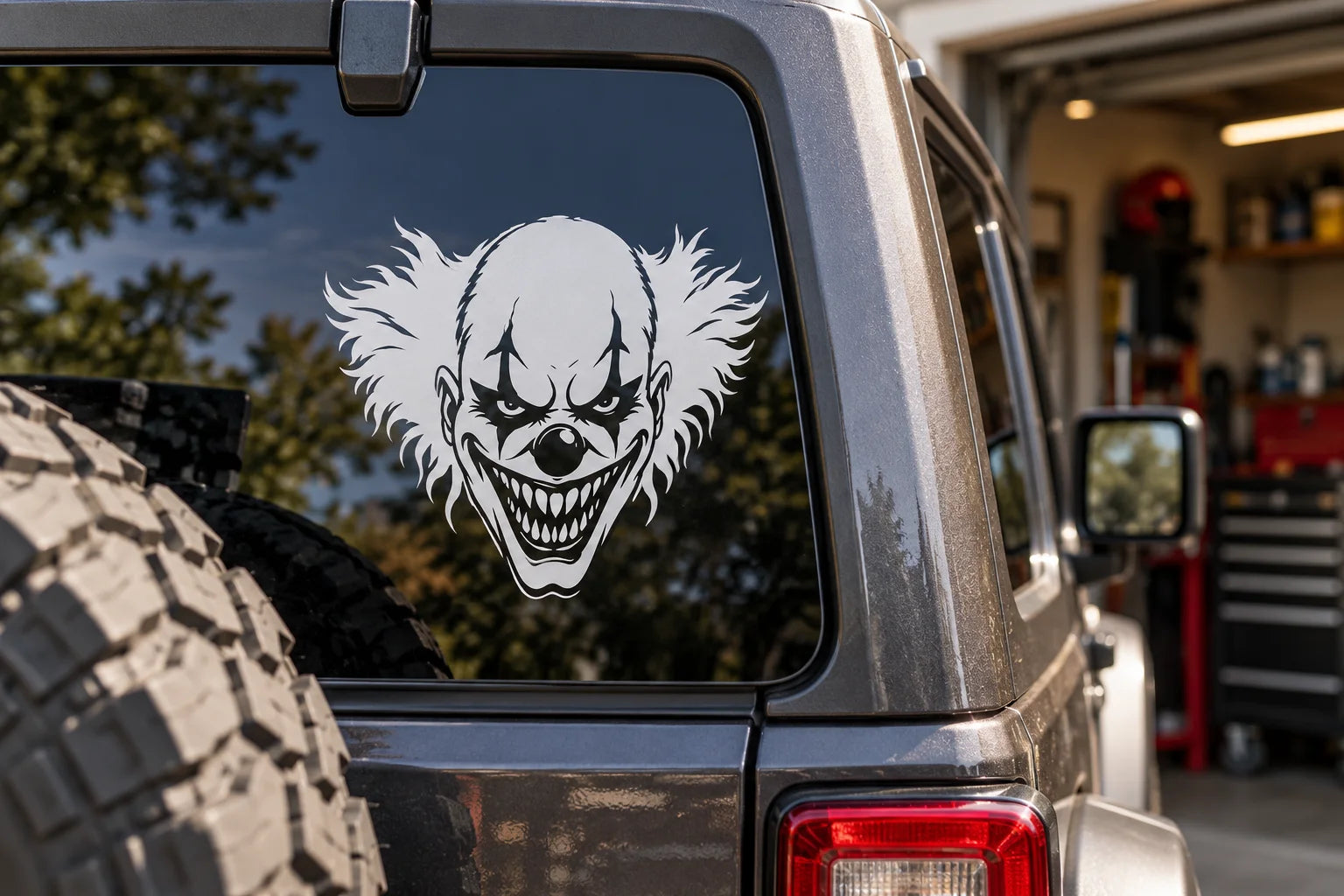 Illustrative Scary Clowns vinyl application in a realistic separate close-up lifestyle scene.