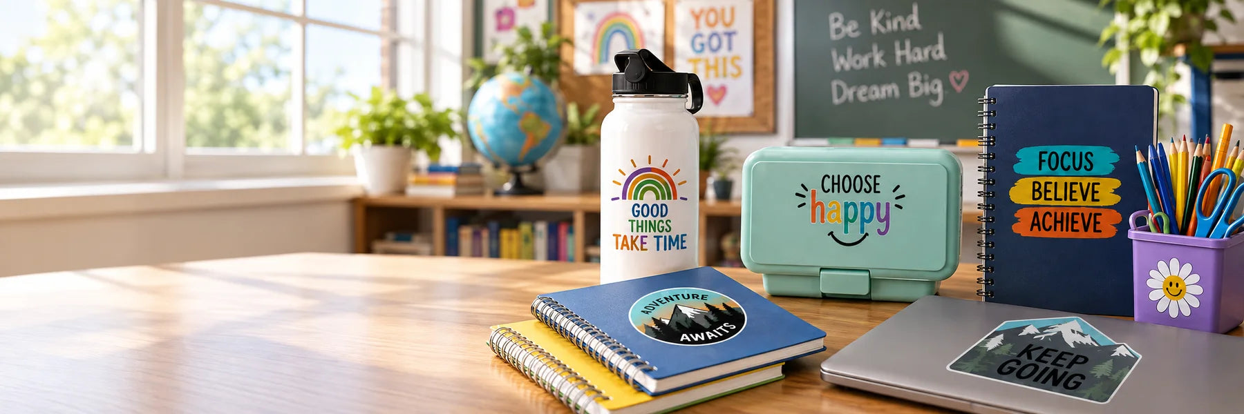 Illustrative School Supply Decals vinyl application in a realistic panoramic lifestyle scene.