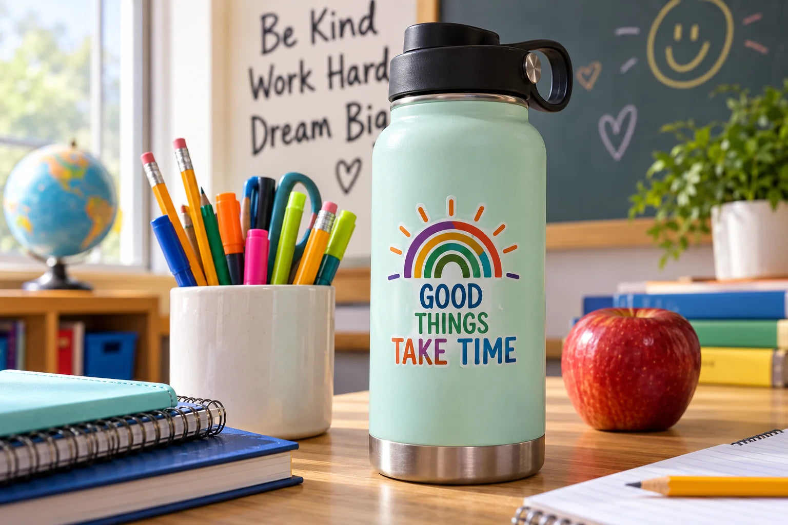 Illustrative School Supply Decals vinyl application in a realistic separate close-up lifestyle scene.