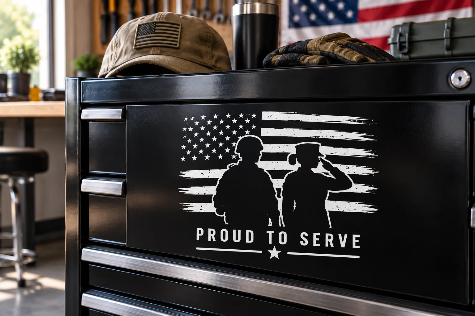 Illustrative Service Men and Women Decals vinyl application in a realistic separate close-up lifestyle scene.