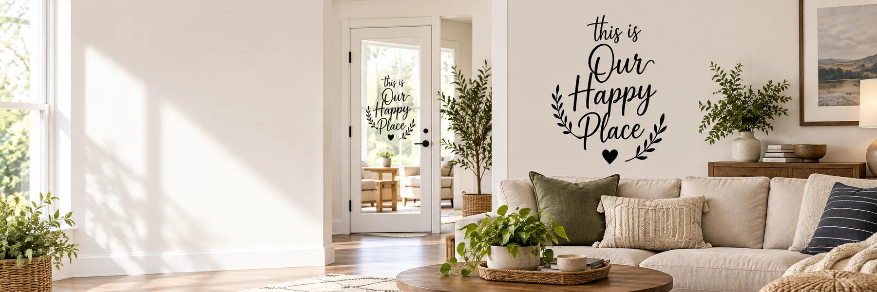 Illustrative Shop By Room vinyl application in a realistic panoramic lifestyle scene.