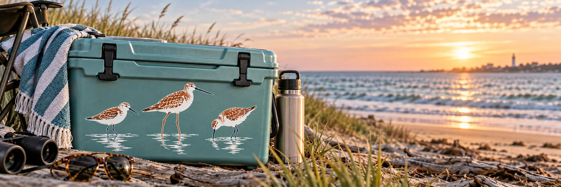 Illustrative Shore Bird Decals vinyl application in a realistic panoramic lifestyle scene.