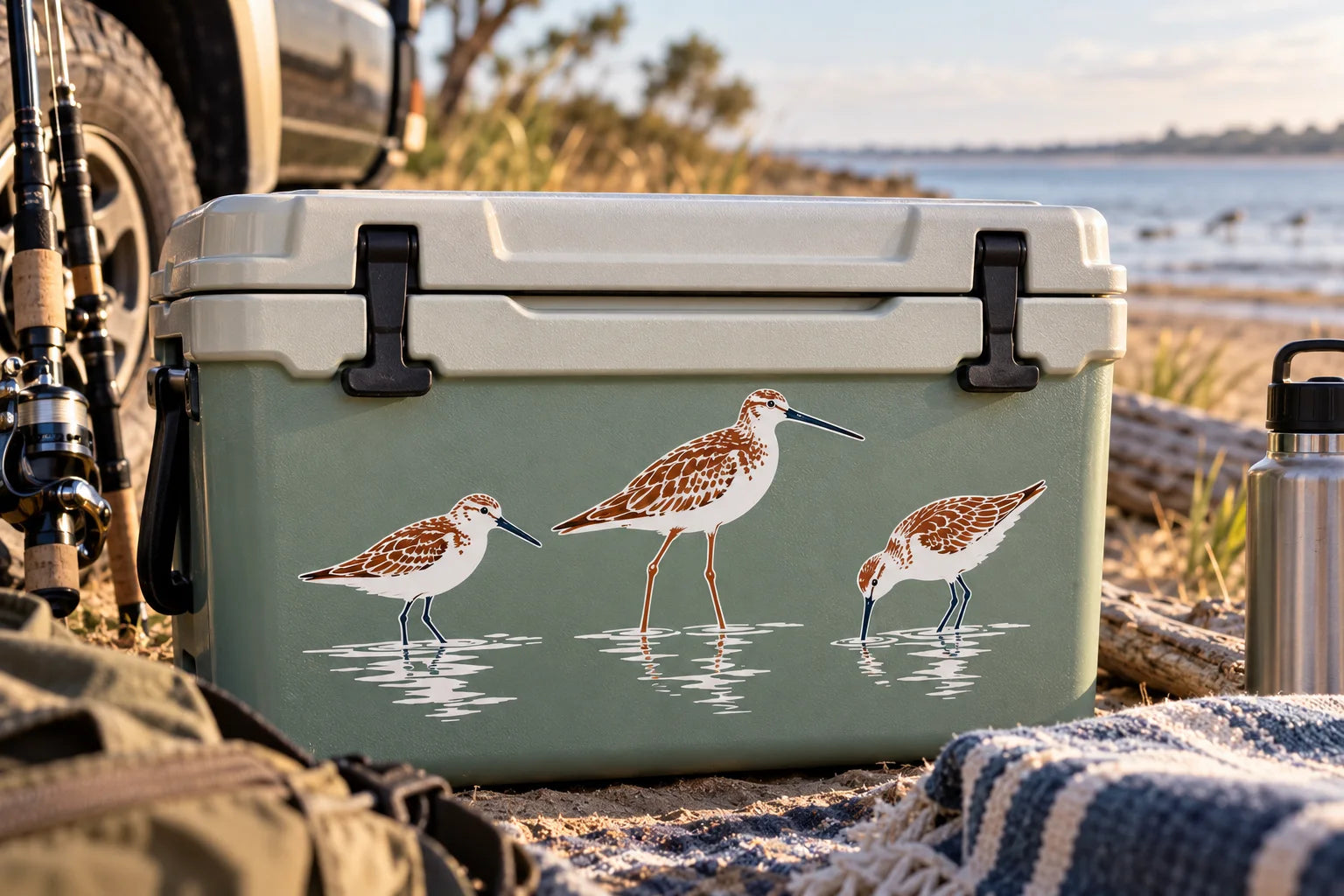 Illustrative Shore Bird Decals vinyl application in a realistic separate close-up lifestyle scene.