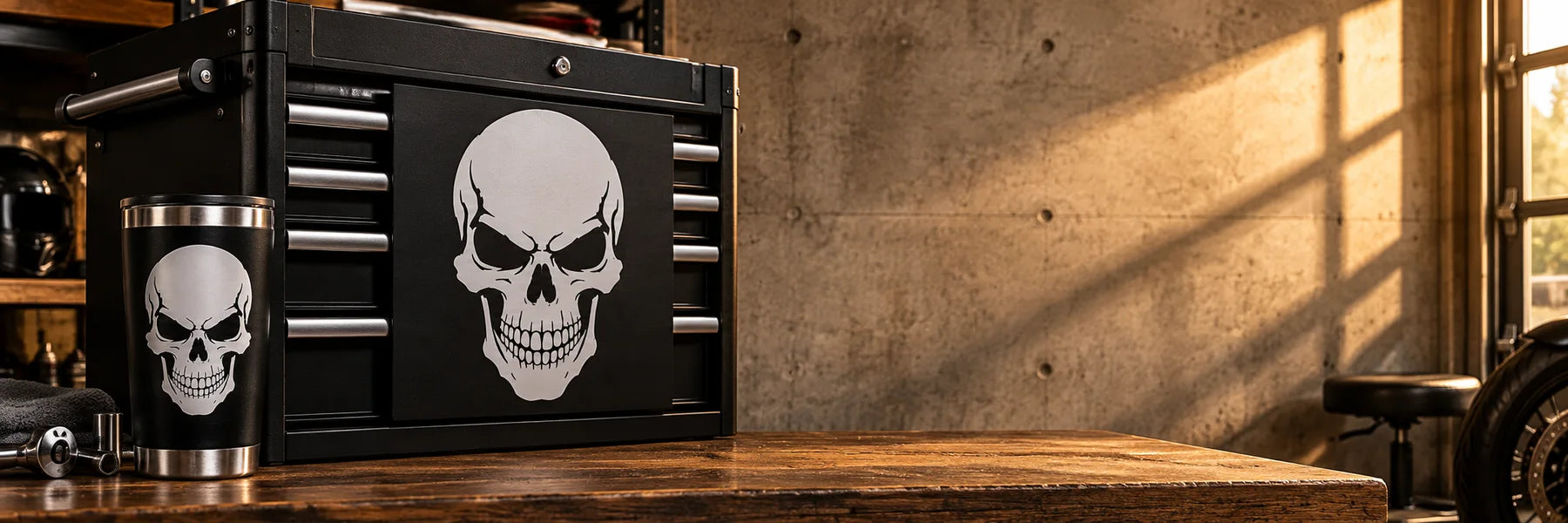 Illustrative skull decals vinyl applications in a realistic lifestyle scene.