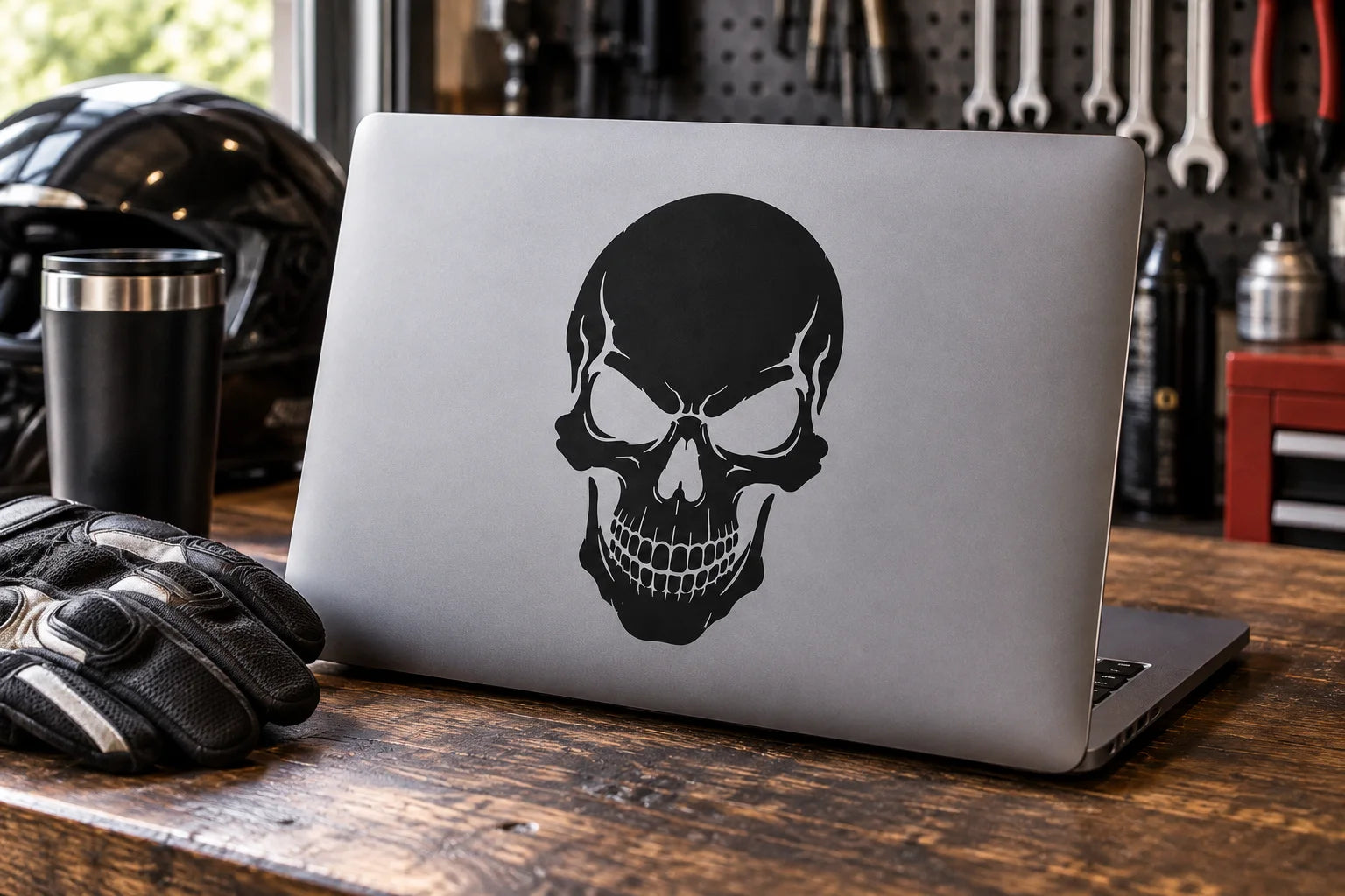 Illustrative Skull Decals vinyl application in a realistic separate close-up lifestyle scene.
