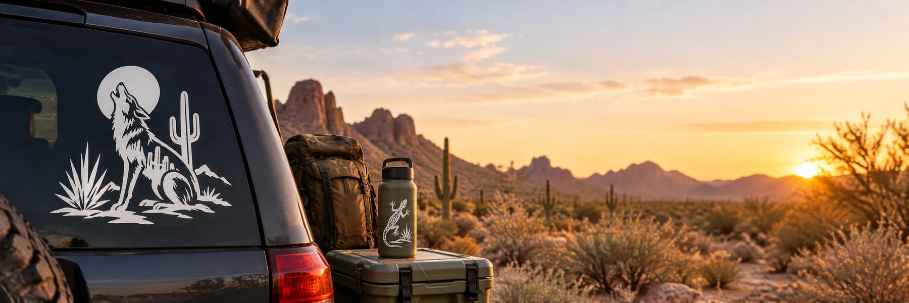 Illustrative Southwestern Animals vinyl application in a realistic panoramic lifestyle scene.