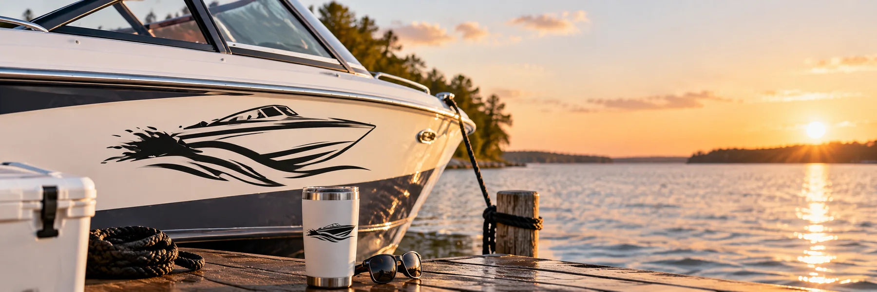 Illustrative Speed Boat Decals vinyl application in a realistic panoramic lifestyle scene.