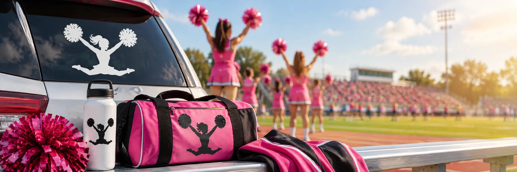 Illustrative Cheerleading Decals vinyl application in a realistic panoramic lifestyle scene.