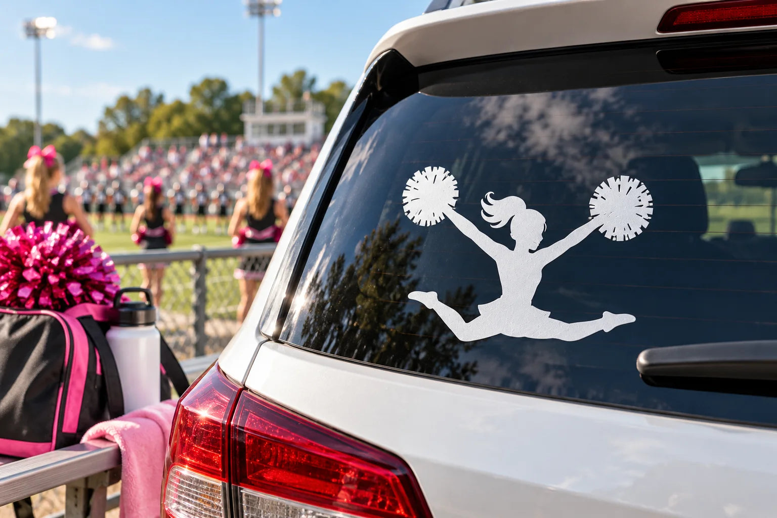 Illustrative Cheerleading Decals vinyl application in a realistic separate close-up lifestyle scene.