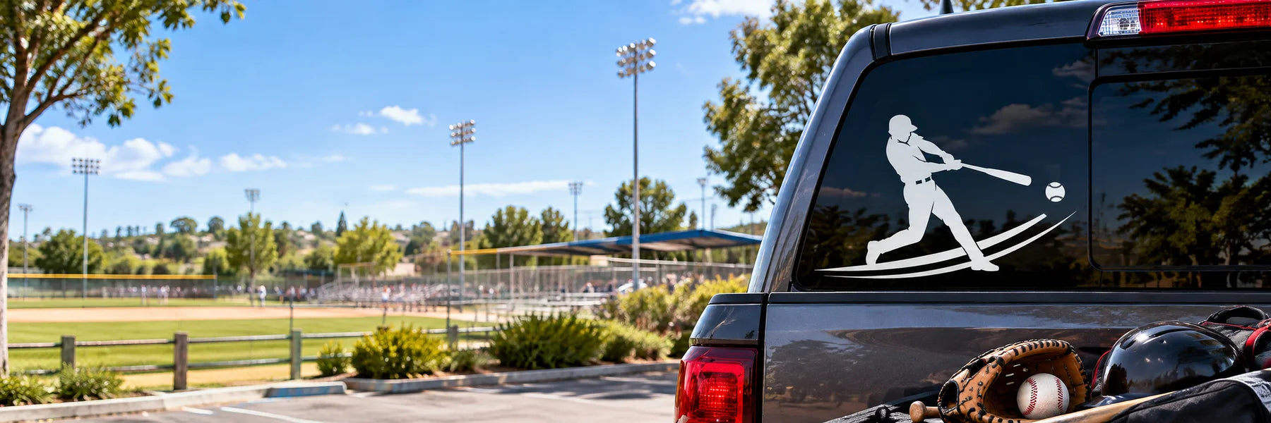 Illustrative sports decals vinyl applications in a realistic lifestyle scene.