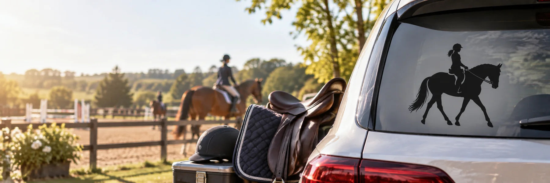 Illustrative Equestrian Decals vinyl application in a realistic panoramic lifestyle scene.