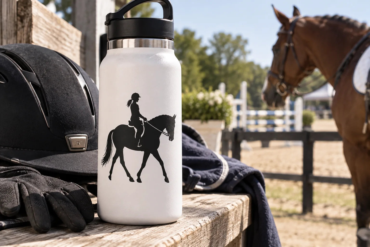 Illustrative Equestrian Decals vinyl application in a realistic separate close-up lifestyle scene.