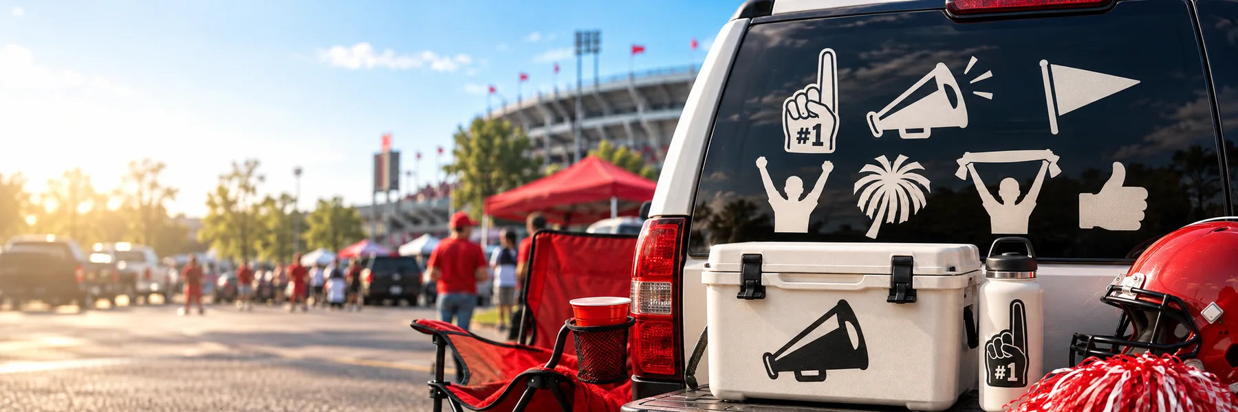 Illustrative Sports Fan Decals vinyl application in a realistic panoramic lifestyle scene.