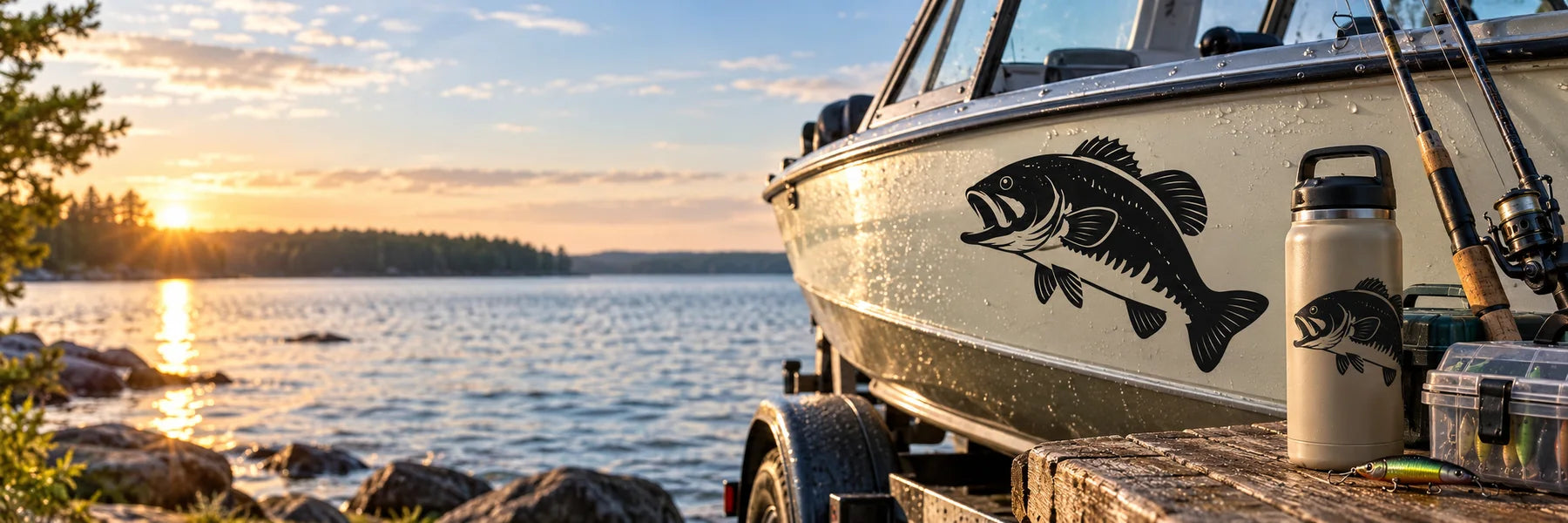 Illustrative Fishing Decals vinyl application in a realistic panoramic lifestyle scene.