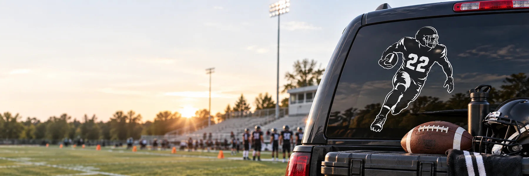 Illustrative Football Decals vinyl application in a realistic panoramic lifestyle scene.