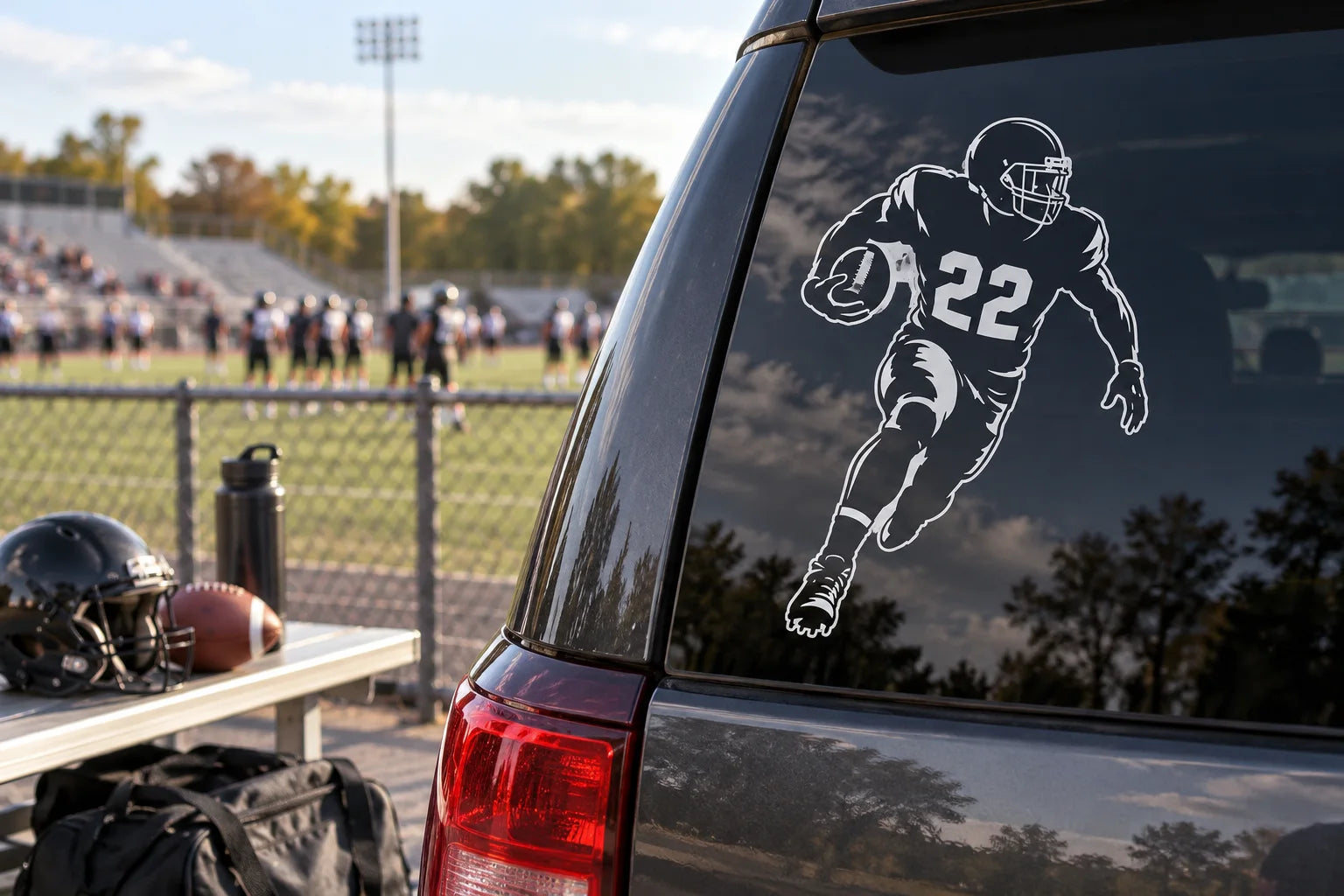 Illustrative Football Decals vinyl application in a realistic separate close-up lifestyle scene.
