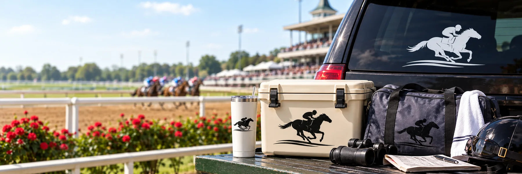 Illustrative Horse Racing Decals vinyl application in a realistic panoramic lifestyle scene.