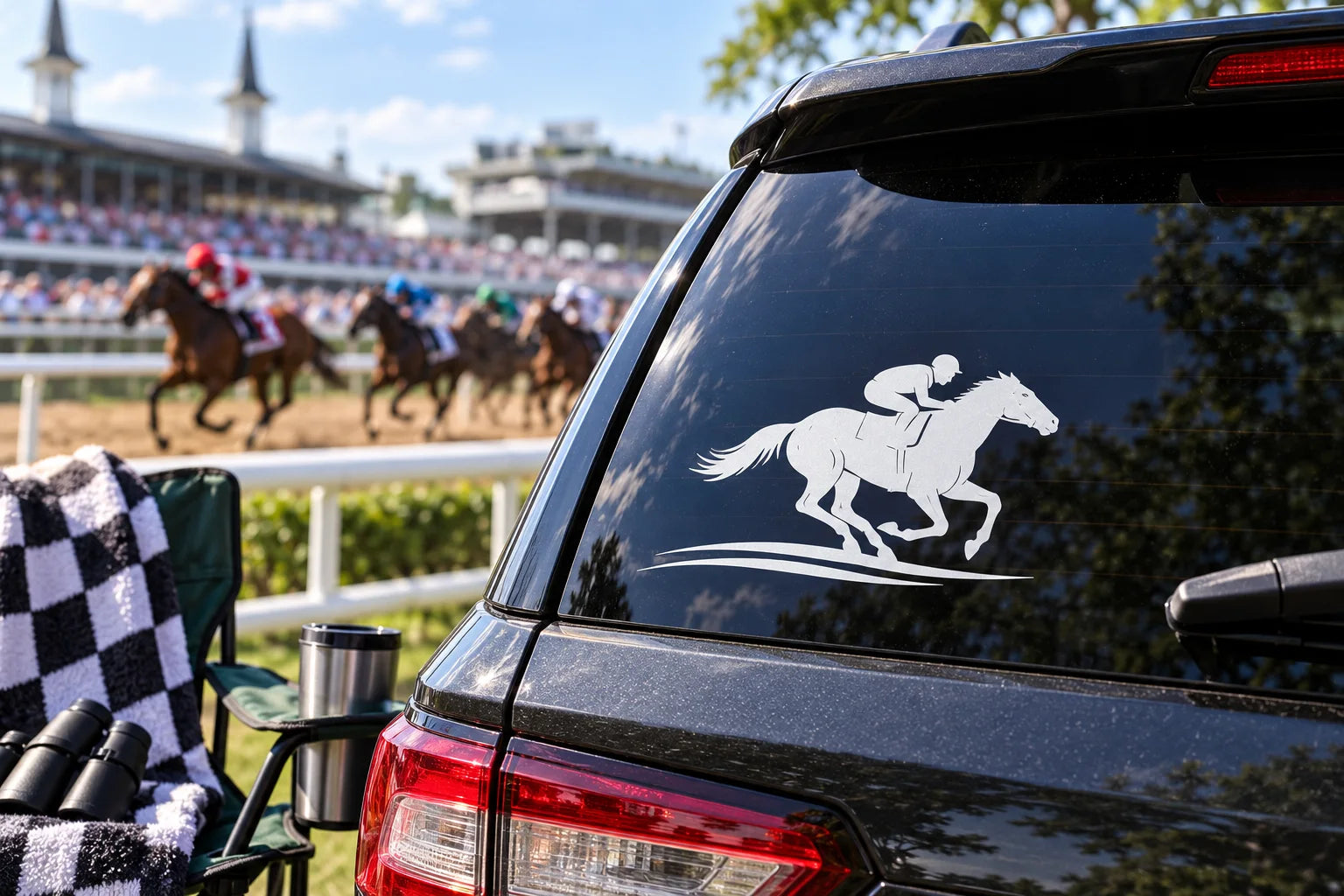 Illustrative Horse Racing Decals vinyl application in a realistic separate close-up lifestyle scene.