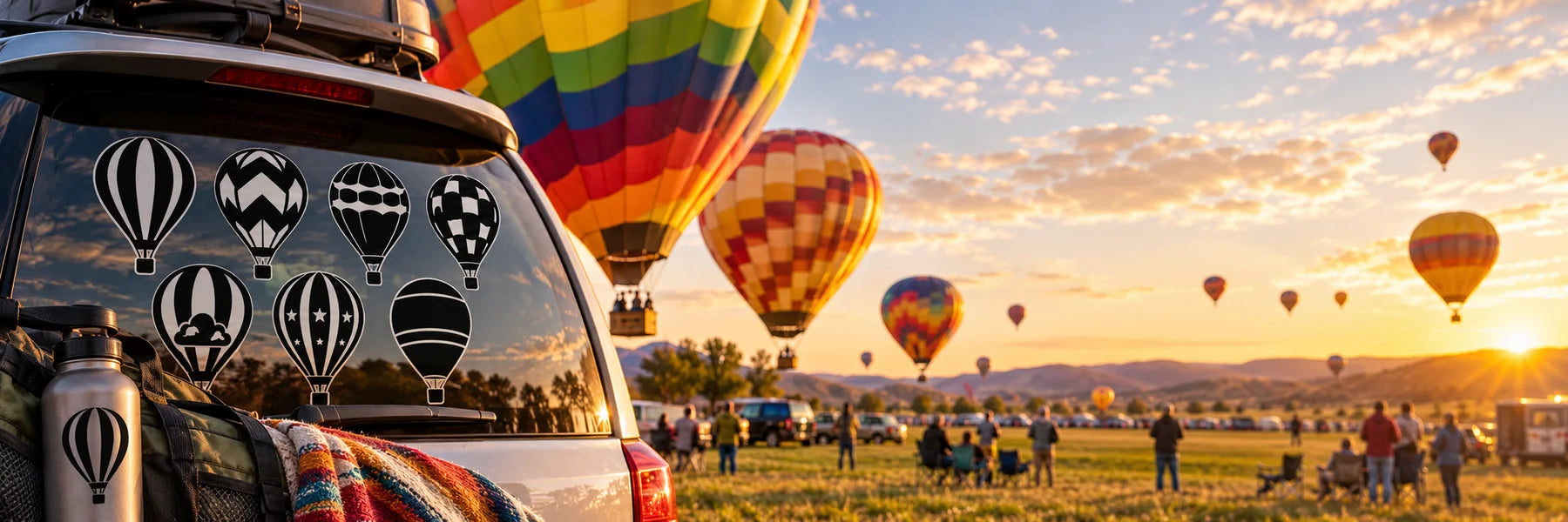 Illustrative Hot Air Balloon Decals vinyl application in a realistic panoramic lifestyle scene.