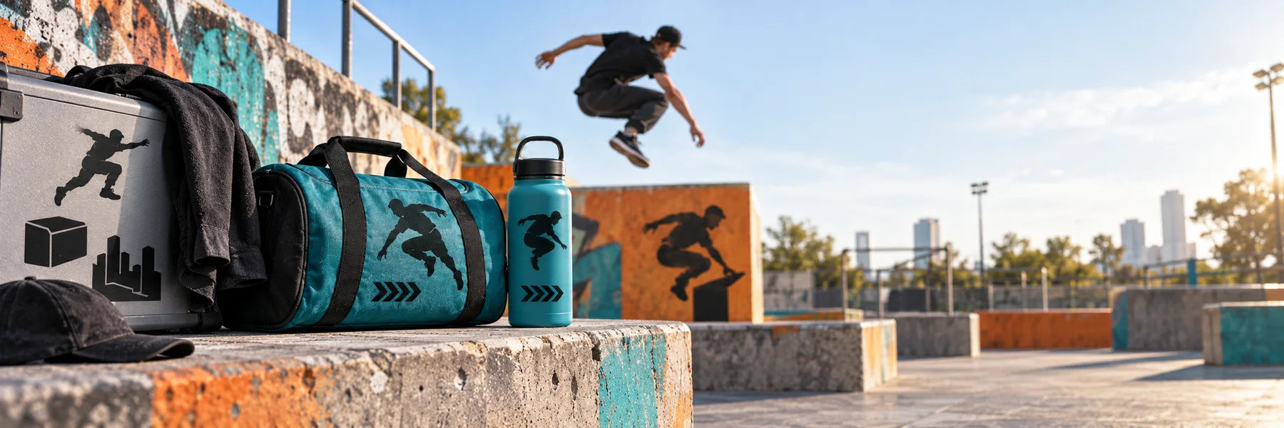 Illustrative Parkour Decals vinyl application in a realistic panoramic lifestyle scene.