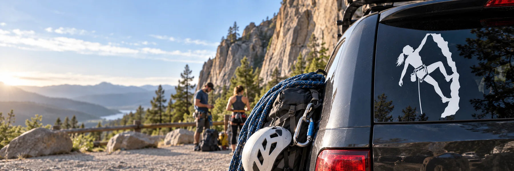 Illustrative Rock Climbing Decals vinyl application in a realistic panoramic lifestyle scene.