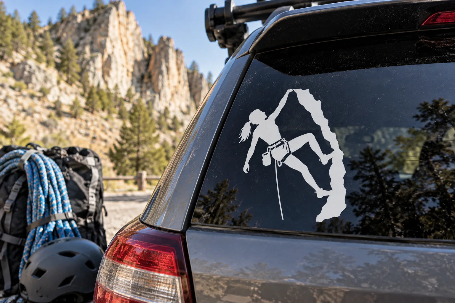 Illustrative Rock Climbing Decals vinyl application in a realistic separate close-up lifestyle scene.