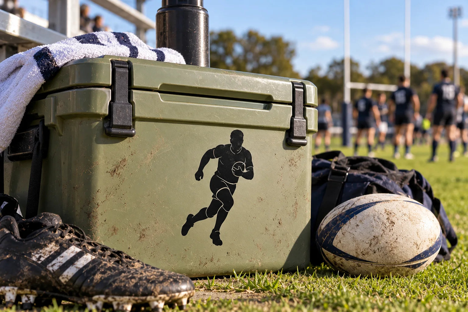 Illustrative Rugby Decals vinyl application in a realistic separate close-up lifestyle scene.