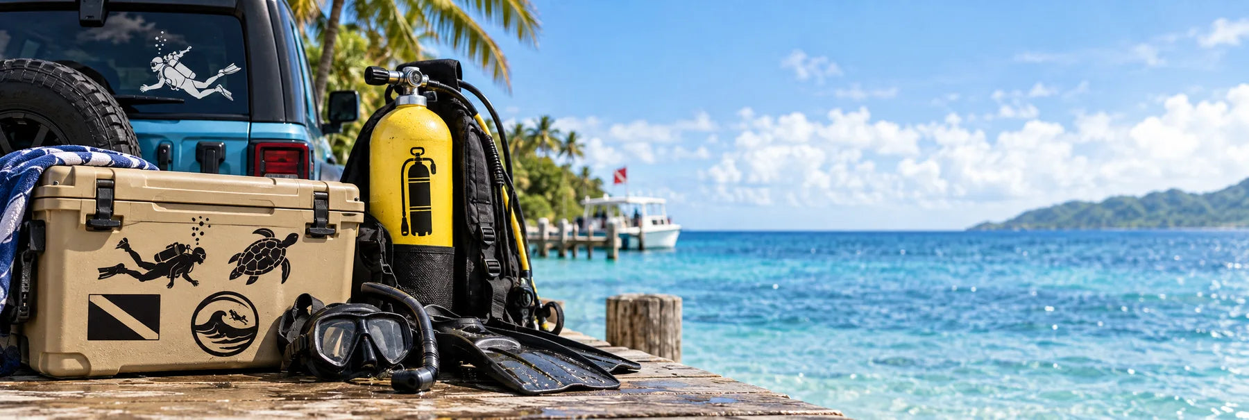 Illustrative Scuba Diving Decals vinyl application in a realistic panoramic lifestyle scene.