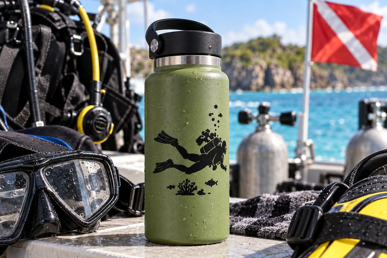 Illustrative Scuba Diving Decals vinyl application in a realistic separate close-up lifestyle scene.