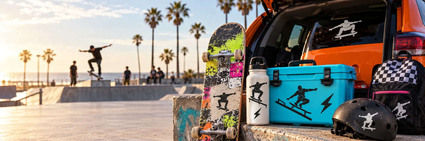 Illustrative Skateboarding Decals vinyl application in a realistic panoramic lifestyle scene.