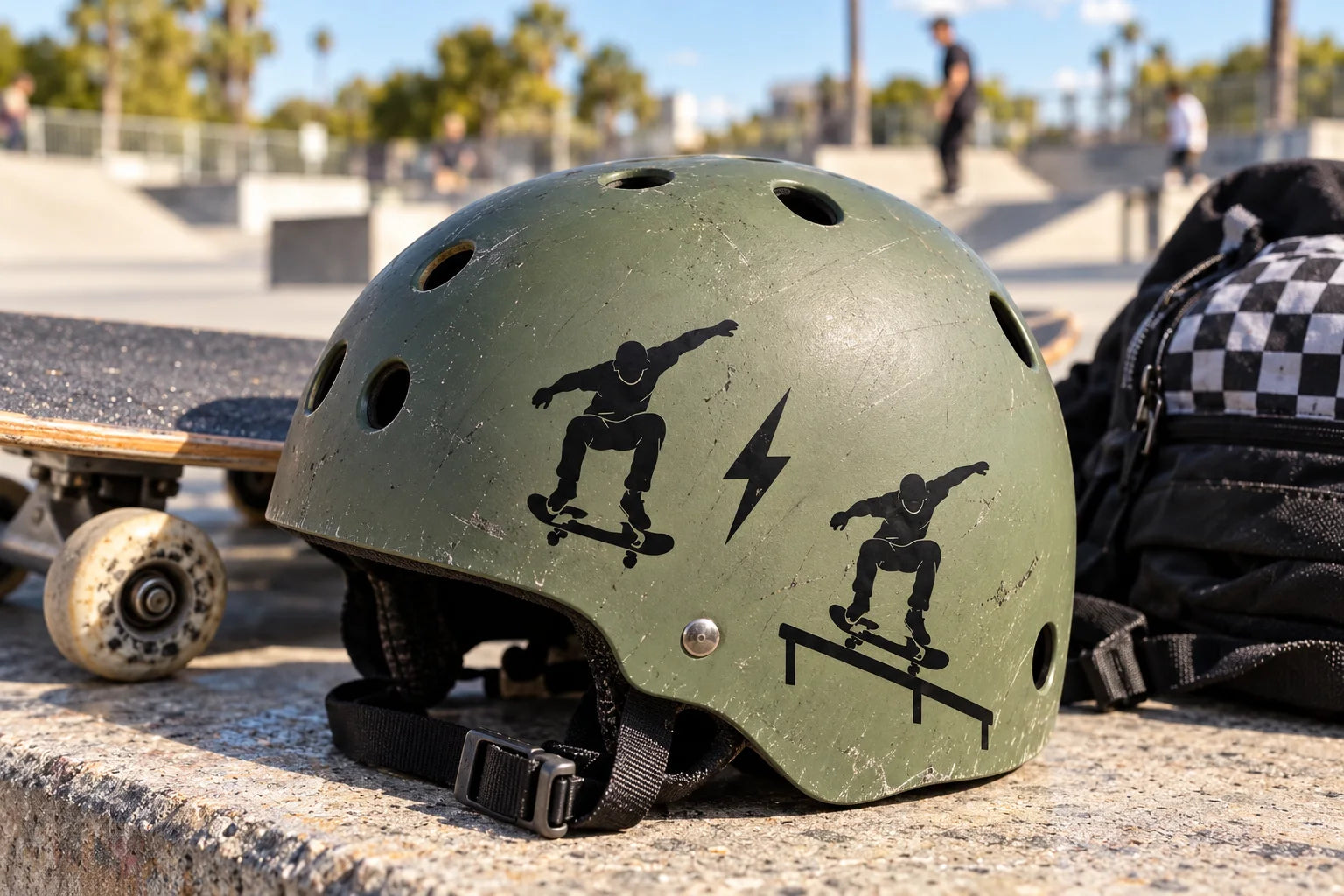 Illustrative Skateboarding Decals vinyl application in a realistic separate close-up lifestyle scene.