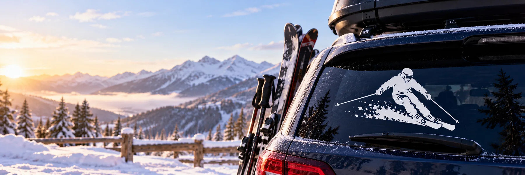 Illustrative Skiing Decals vinyl application in a realistic panoramic lifestyle scene.