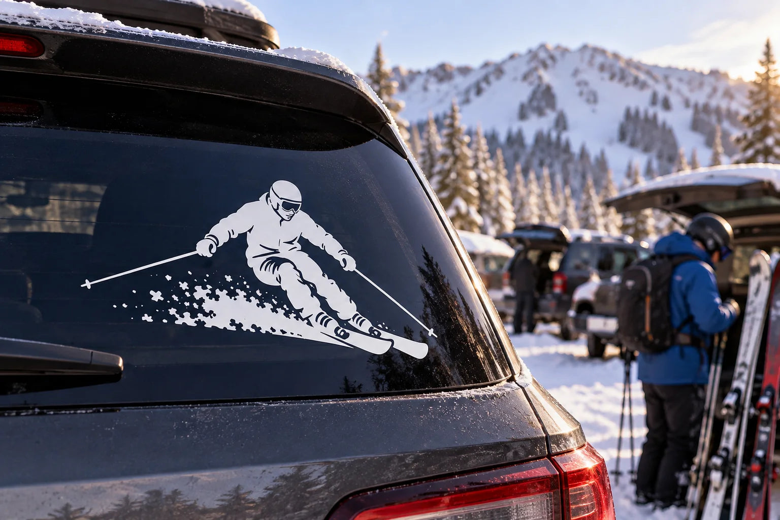 Illustrative Skiing Decals vinyl application in a realistic separate close-up lifestyle scene.