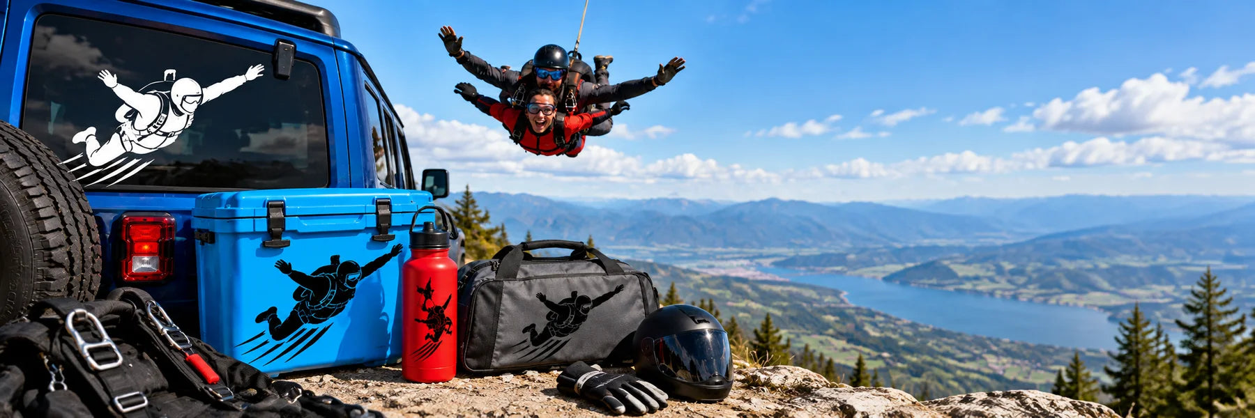 Illustrative Sky Diving Decals vinyl application in a realistic panoramic lifestyle scene.