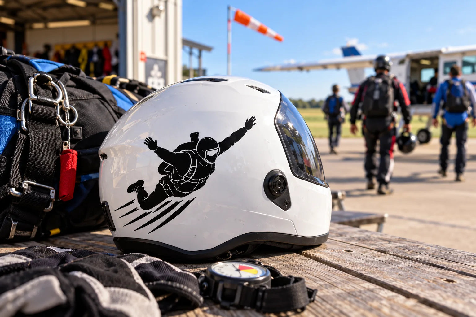 Illustrative Sky Diving Decals vinyl application in a realistic separate close-up lifestyle scene.