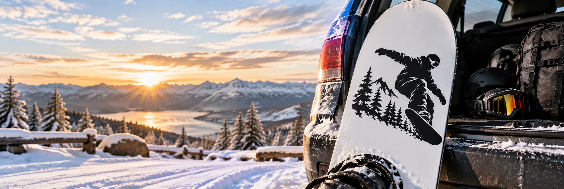 Illustrative Snowboard Decals vinyl application in a realistic panoramic lifestyle scene.