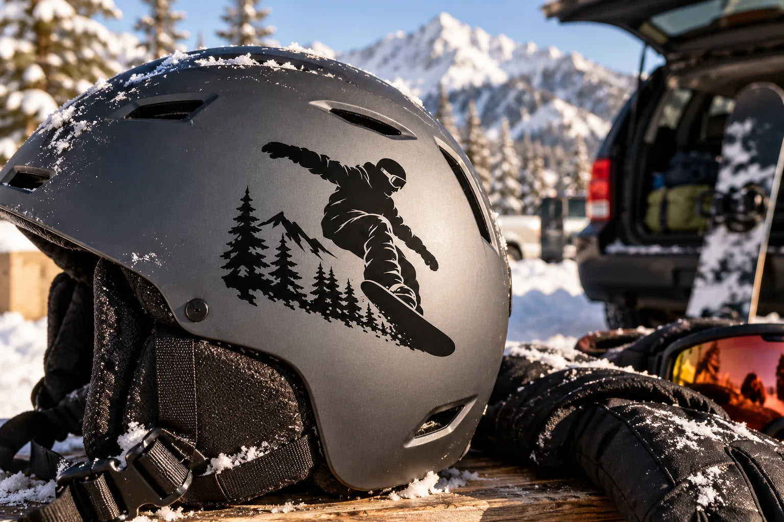 Illustrative Snowboard Decals vinyl application in a realistic separate close-up lifestyle scene.