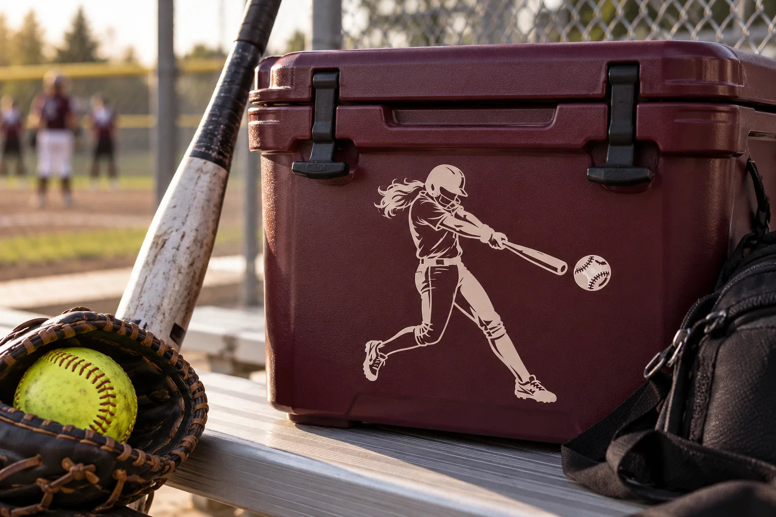 Illustrative Softball Decals vinyl application in a realistic separate close-up lifestyle scene.