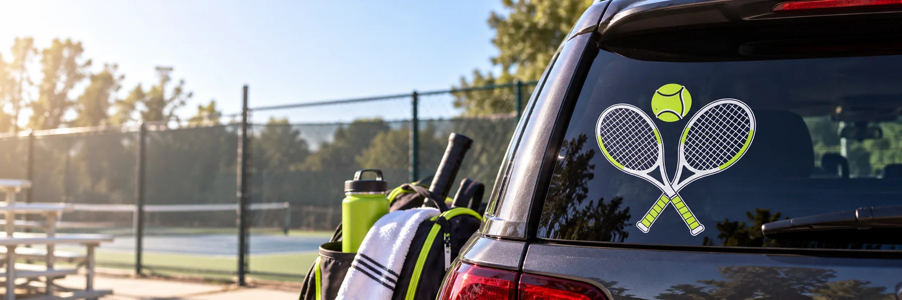 Illustrative Tennis Decals vinyl application in a realistic panoramic lifestyle scene.