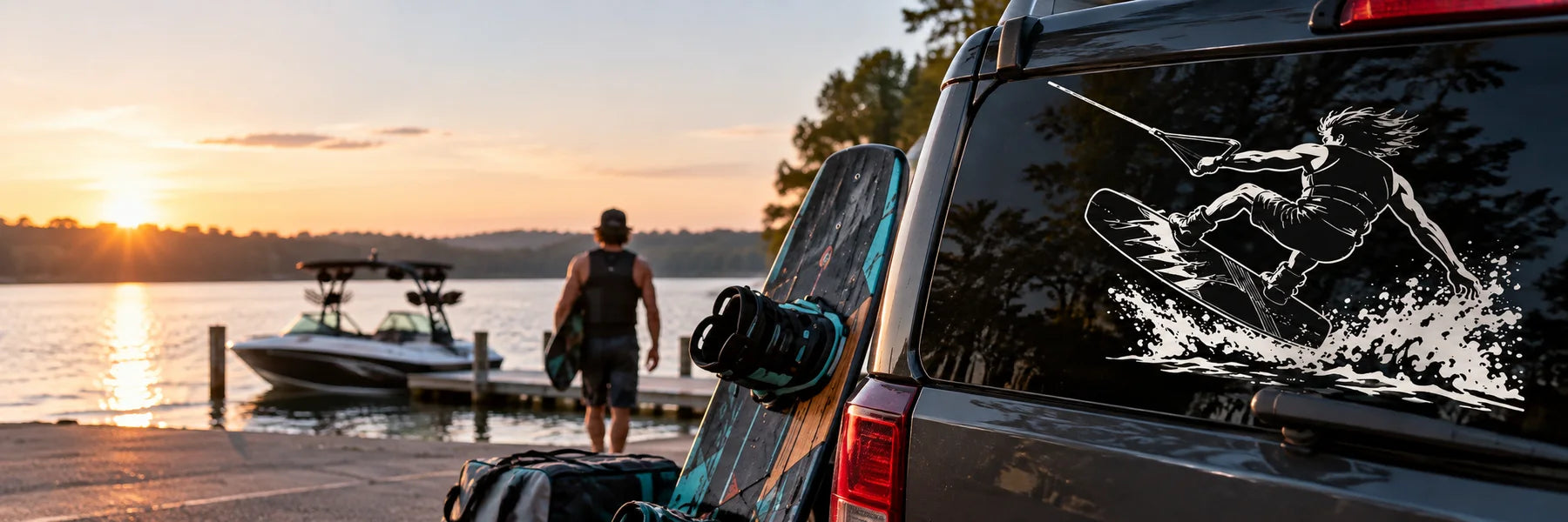 Illustrative Wakeboarding Decals vinyl application in a realistic panoramic lifestyle scene.