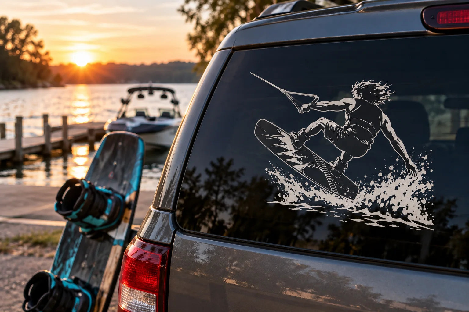 Illustrative Wakeboarding Decals vinyl application in a realistic separate close-up lifestyle scene.