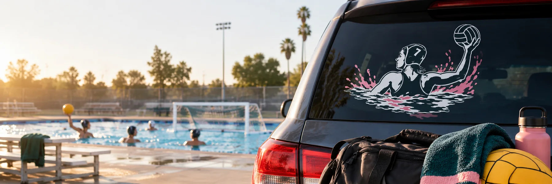 Illustrative Water Polo Decals vinyl application in a realistic panoramic lifestyle scene.
