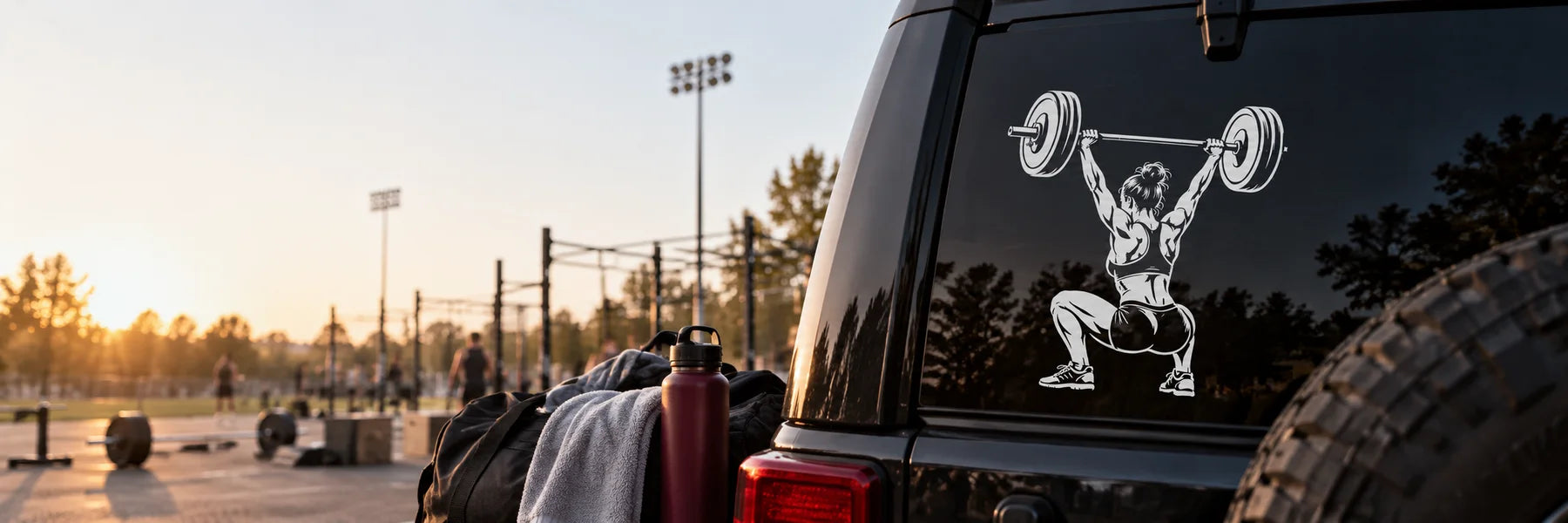 Illustrative Weightlifting Decals vinyl application in a realistic panoramic lifestyle scene.