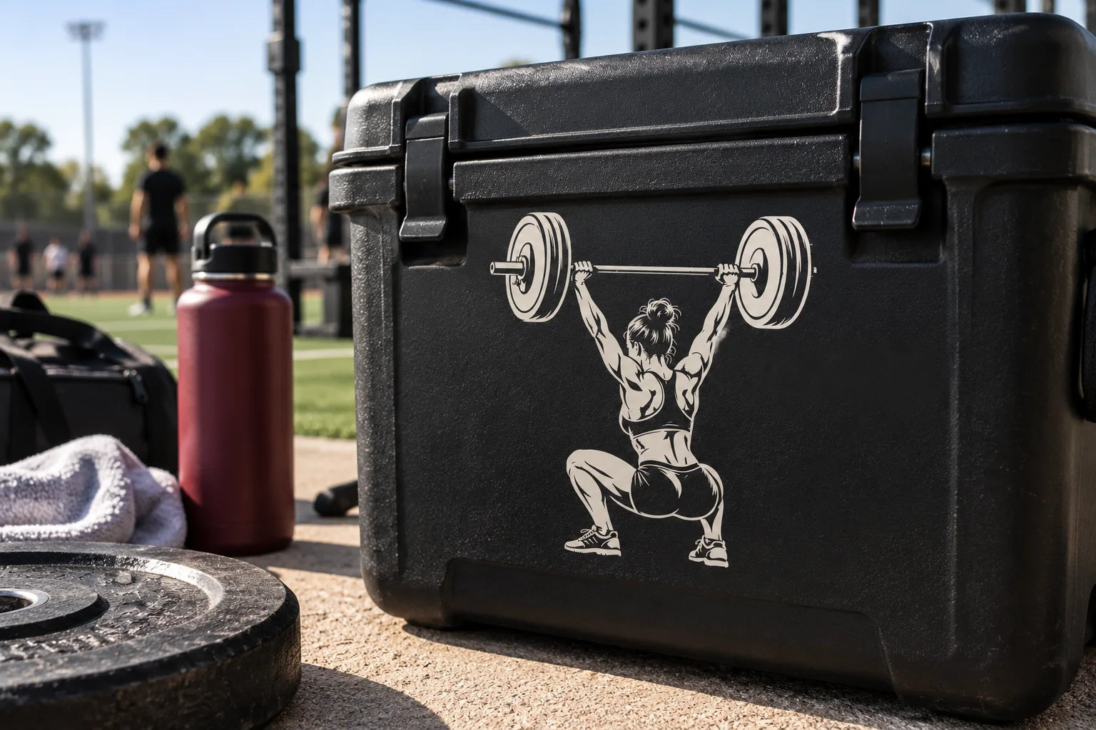 Illustrative Weightlifting Decals vinyl application in a realistic separate close-up lifestyle scene.