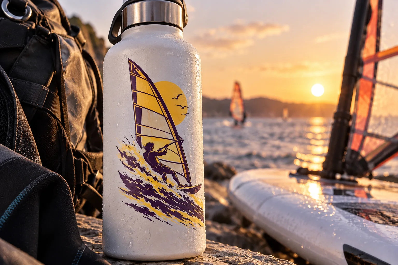 Illustrative Wind Surfing Decals vinyl application in a realistic separate close-up lifestyle scene.