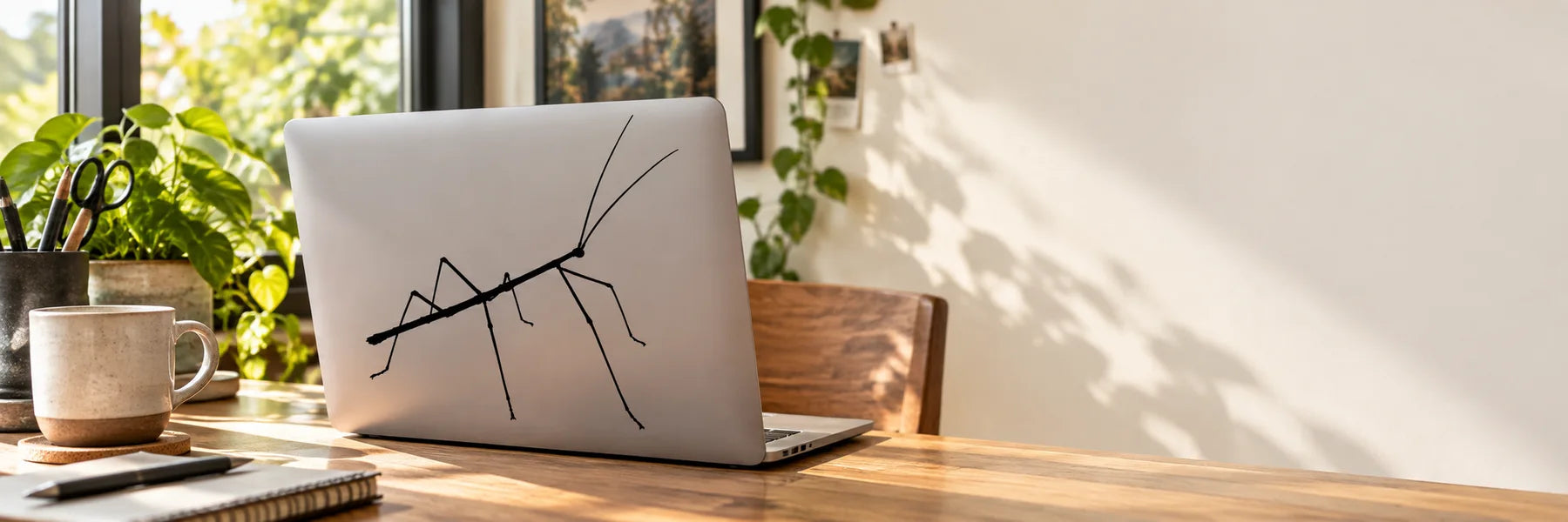Illustrative Stick Bug Decals vinyl application in a realistic panoramic lifestyle scene.