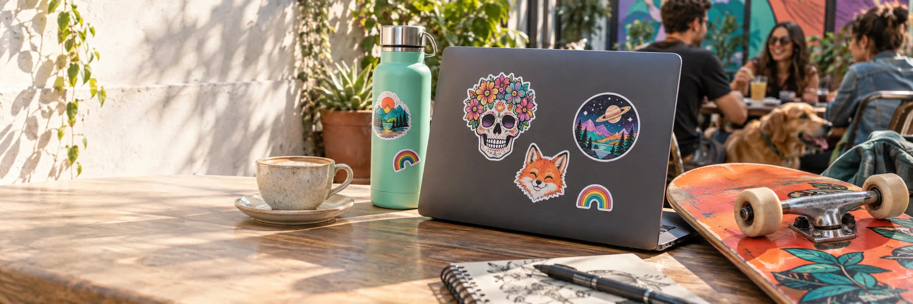 Original illustrative full-color die-cut stickers on a laptop, bottle and skateboard in a sunny cafe scene.