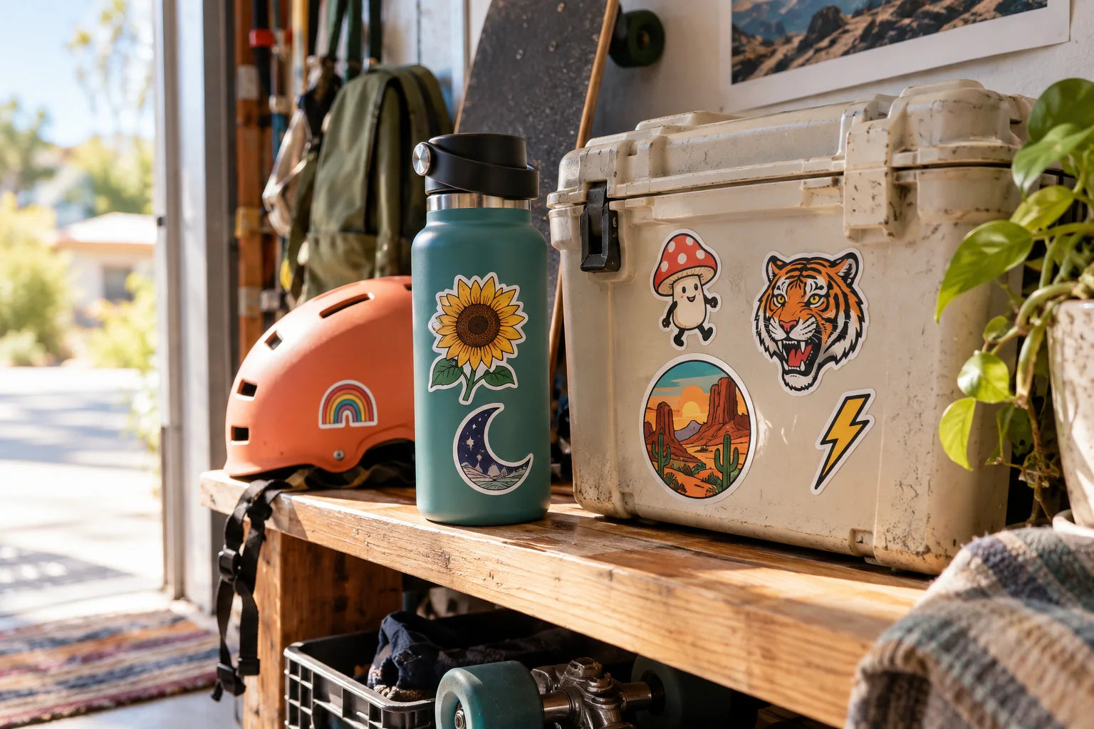 Original illustrative Sticker Library application scene, distinct from the hero.
