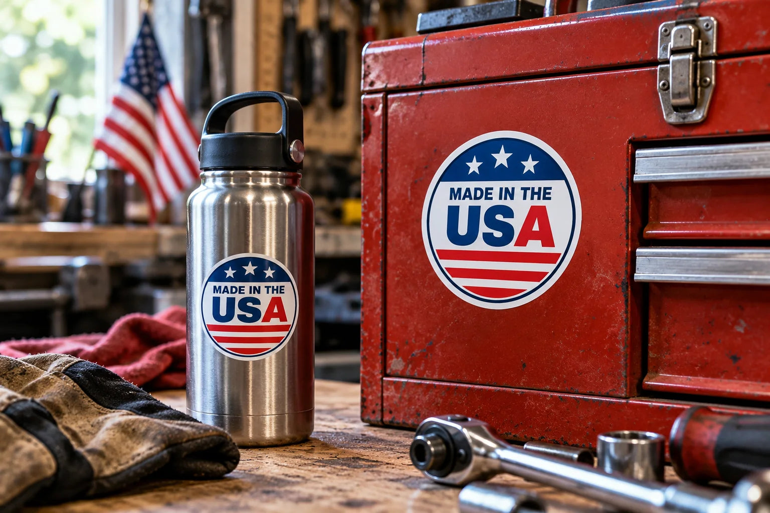 Illustrative Made in the USA vinyl application in a realistic separate close-up lifestyle scene.